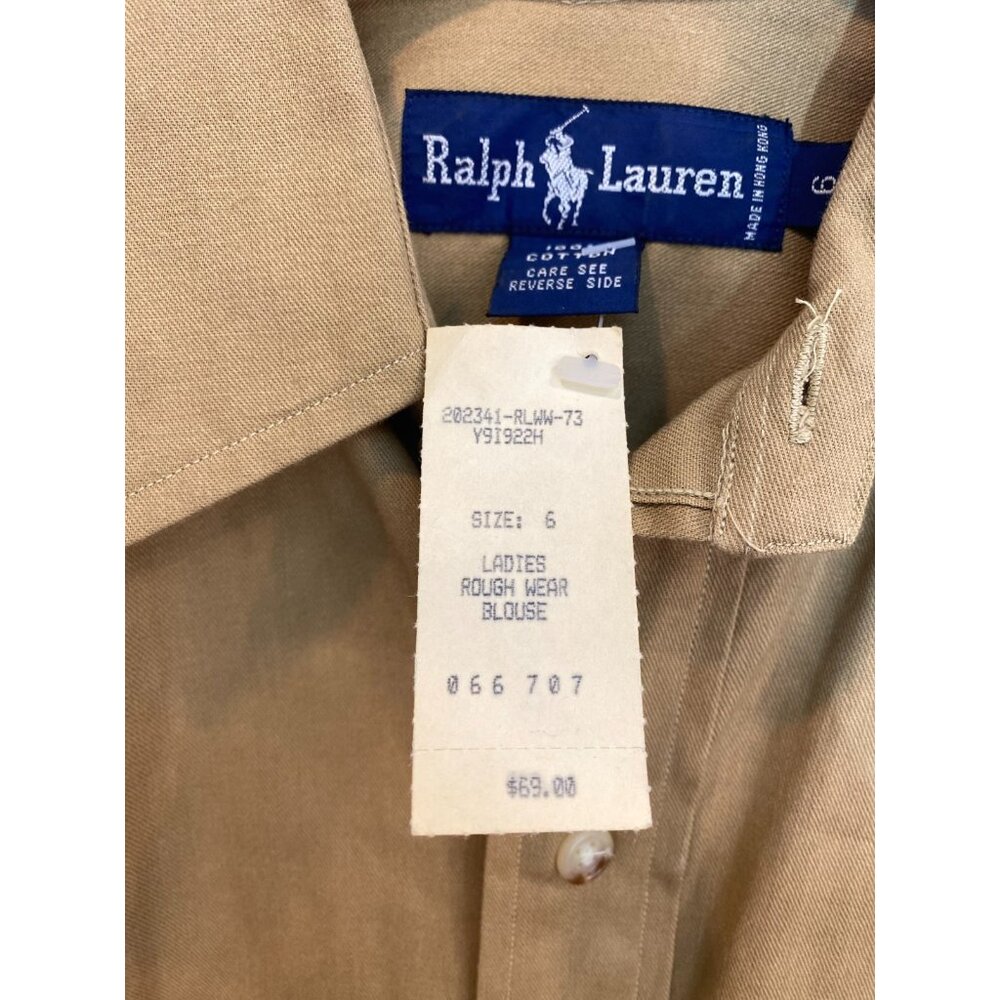 VTG Ralph Lauren Ladies Rough Wear Blouse 80s Khaki Button Front Cotton Size 6 - Picture 10 of 12